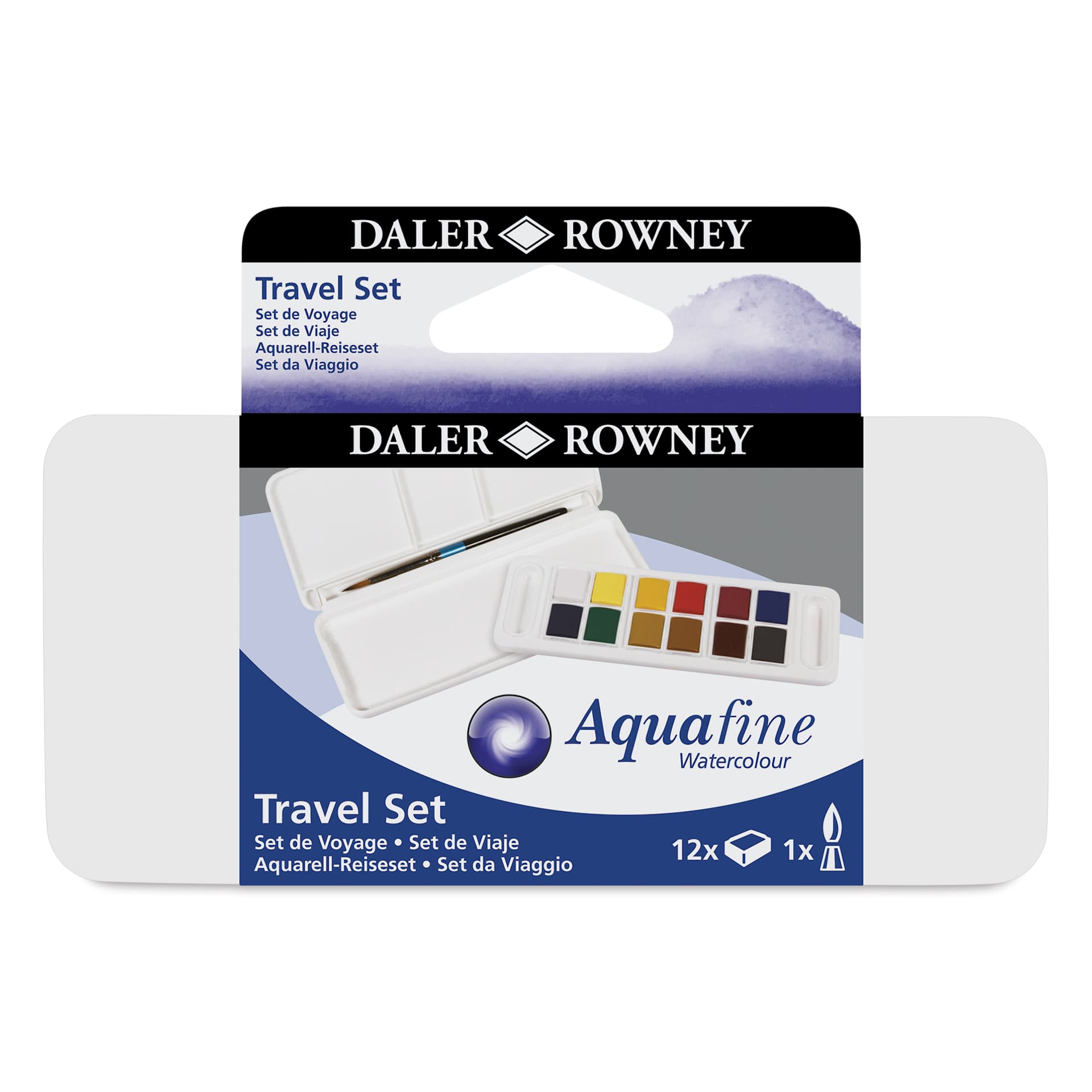 Daler-Rowney Aquafine Watercolors - Set of 12 Travel, Assorted Colors, Half Pan front of package Daler-Rowney Aquafine Watercolors - Set of 12 Travel, Assorted Colors, Half Pan front of package
