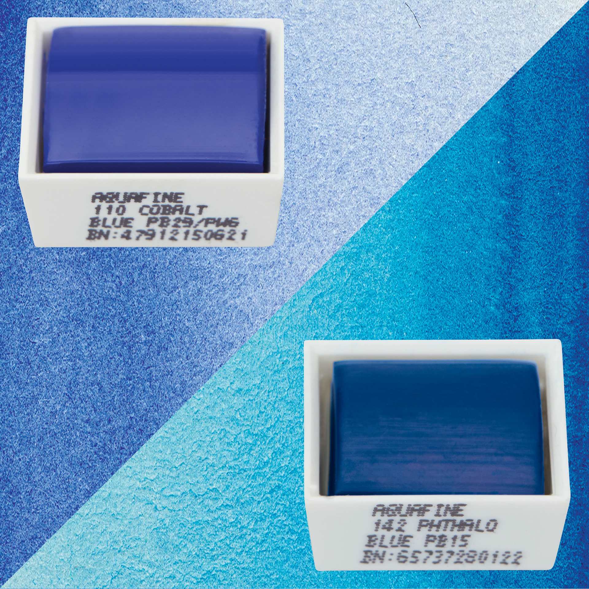 Daler-Rowney Aquafine Watercolors - Set of 2, Cobalt Blue Hue and Phthalo Blue, Half Pans with swatches
