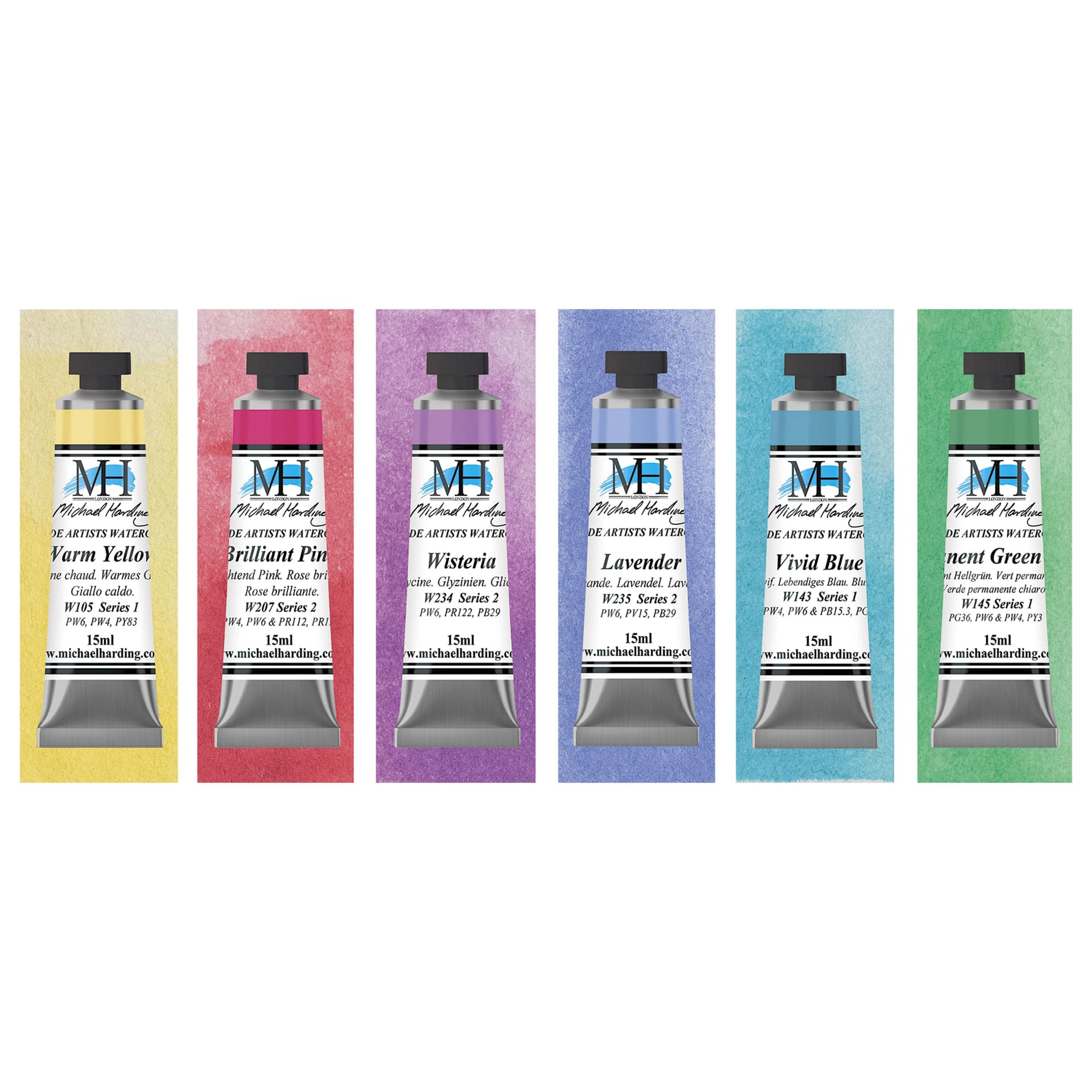 Michael Harding Artists Watercolors - Set of 6, Pastel, 15 ml tube and swatches
