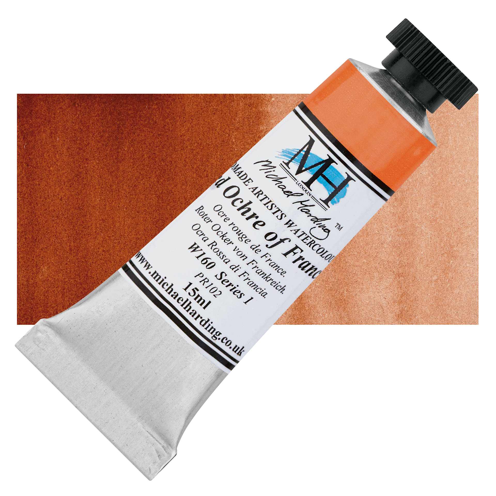 Michael Harding Artists Watercolor - Red Ochre of France, 15 ml tube and swatch