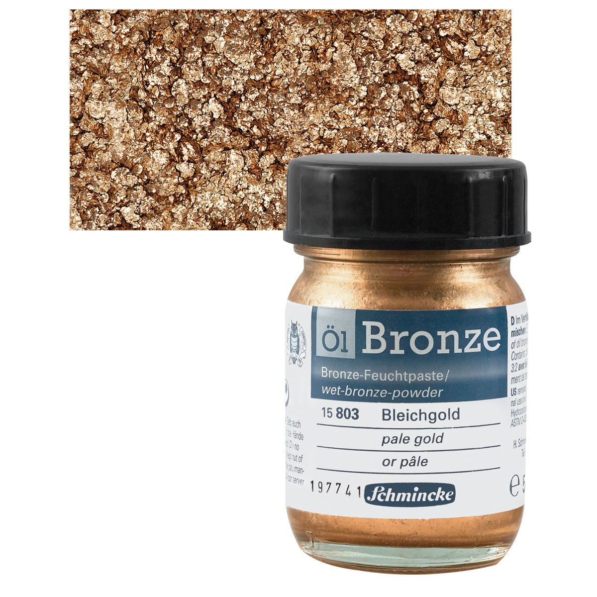 Schmincke Oil Bronze - Pale Gold, 50 ml bottle and swatch