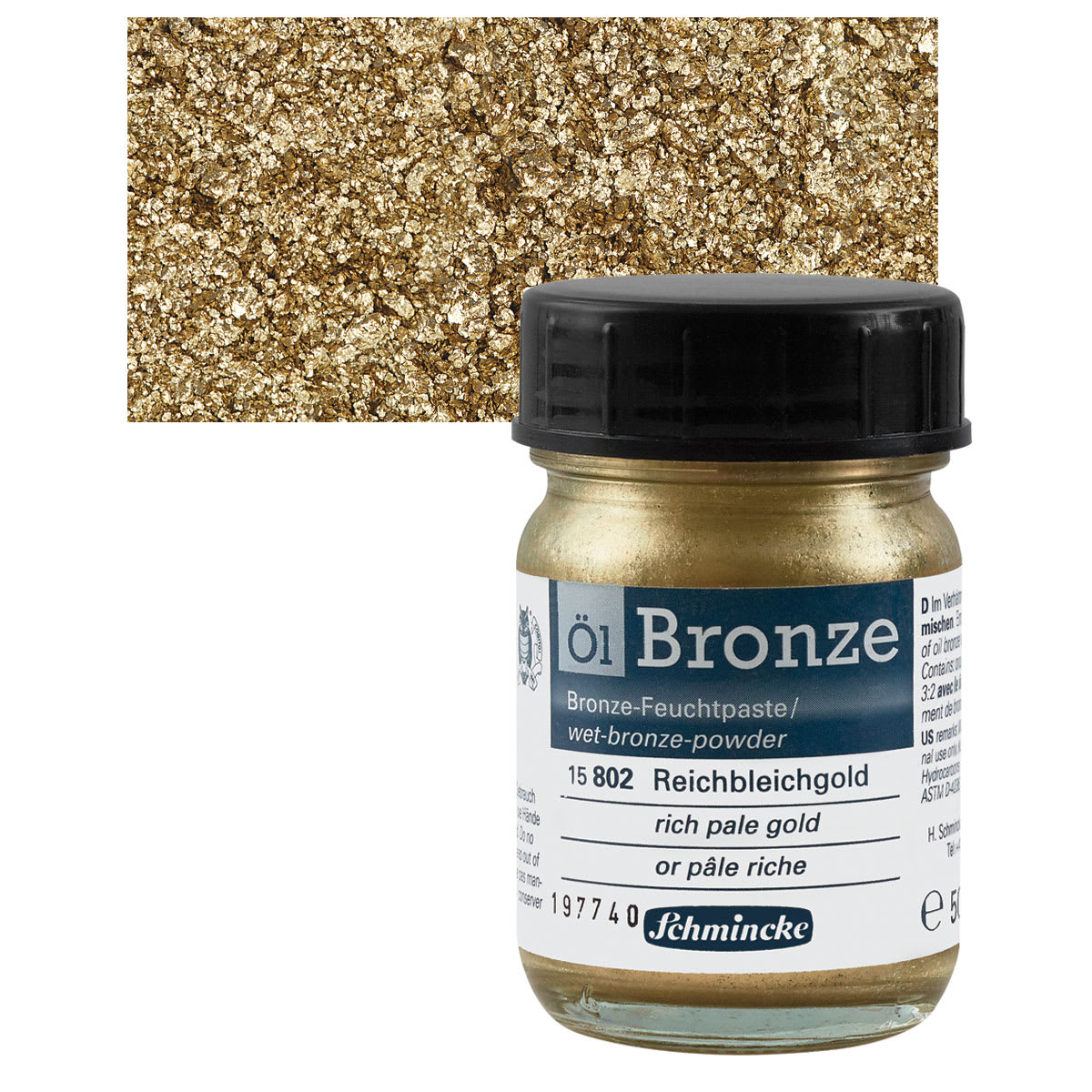 Schmincke Oil Bronze - Rich Pale Gold, 50 ml bottle and swatch