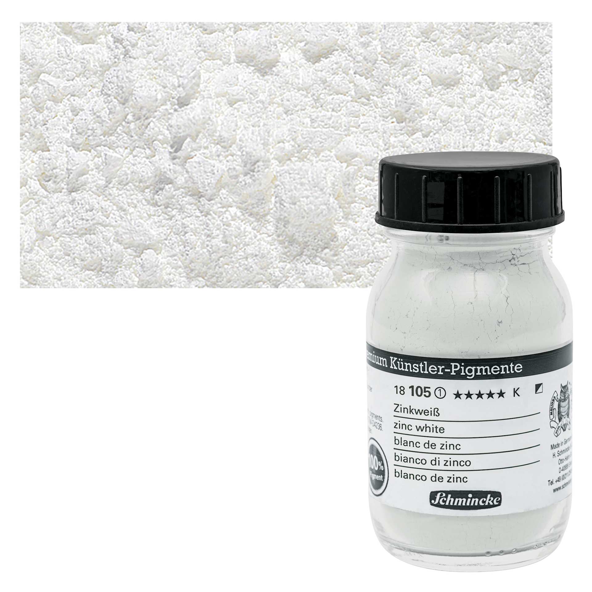 Schmincke Pigment - Zinc White, 100 ml Jar and swatch