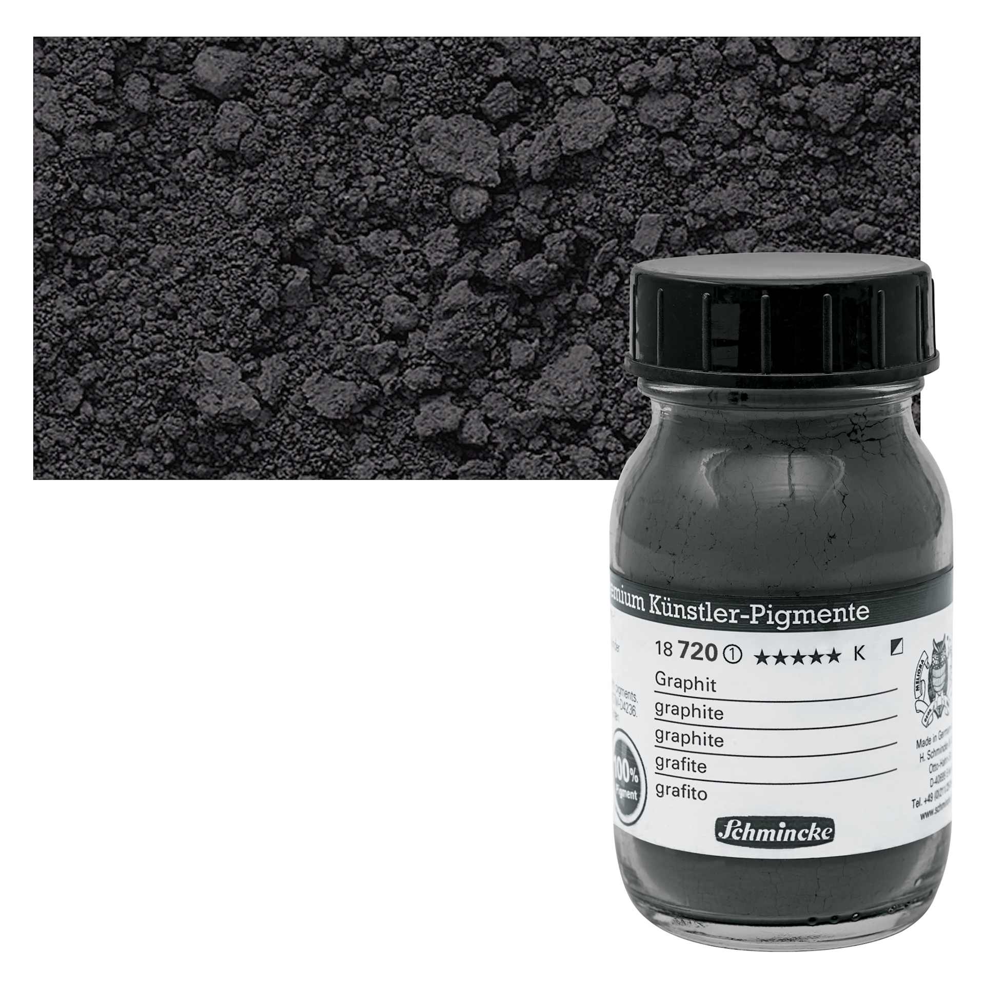 Schmincke Pigment - Graphite, 100 ml Jar and swatch