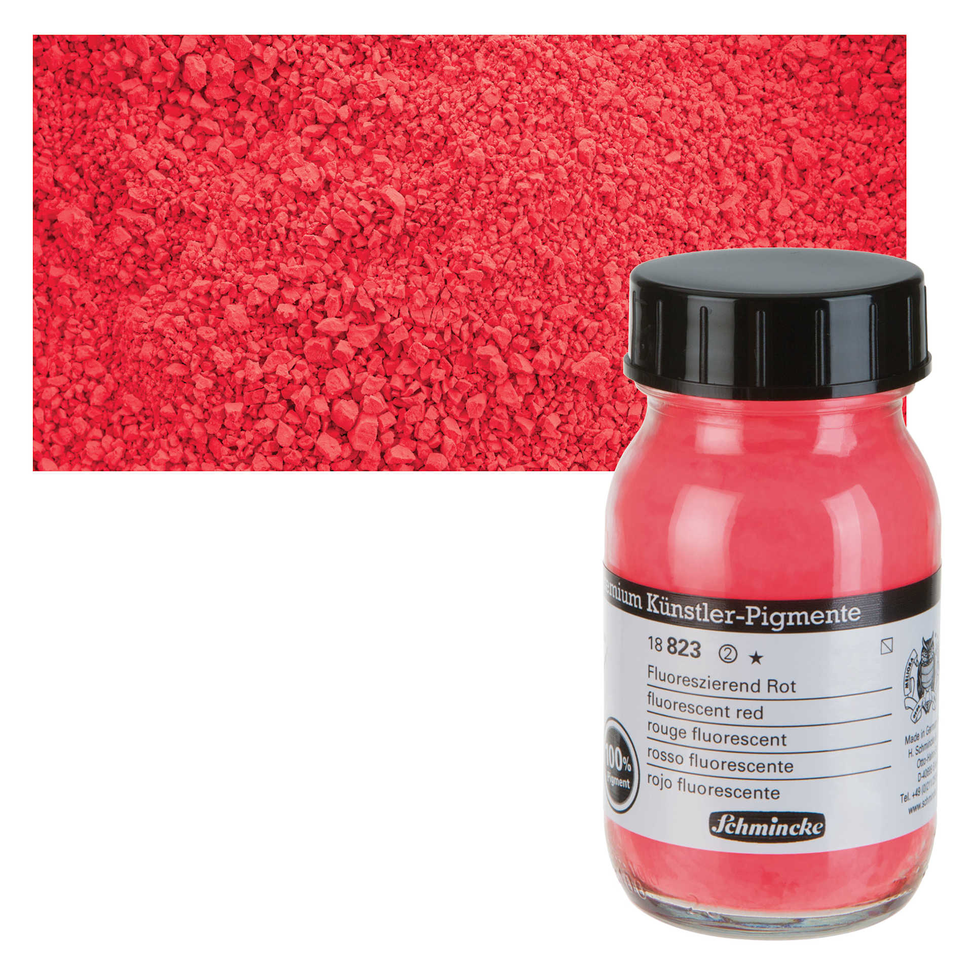 Schmincke Pigment - Fluorescent Red, 100 ml Jar and swatch