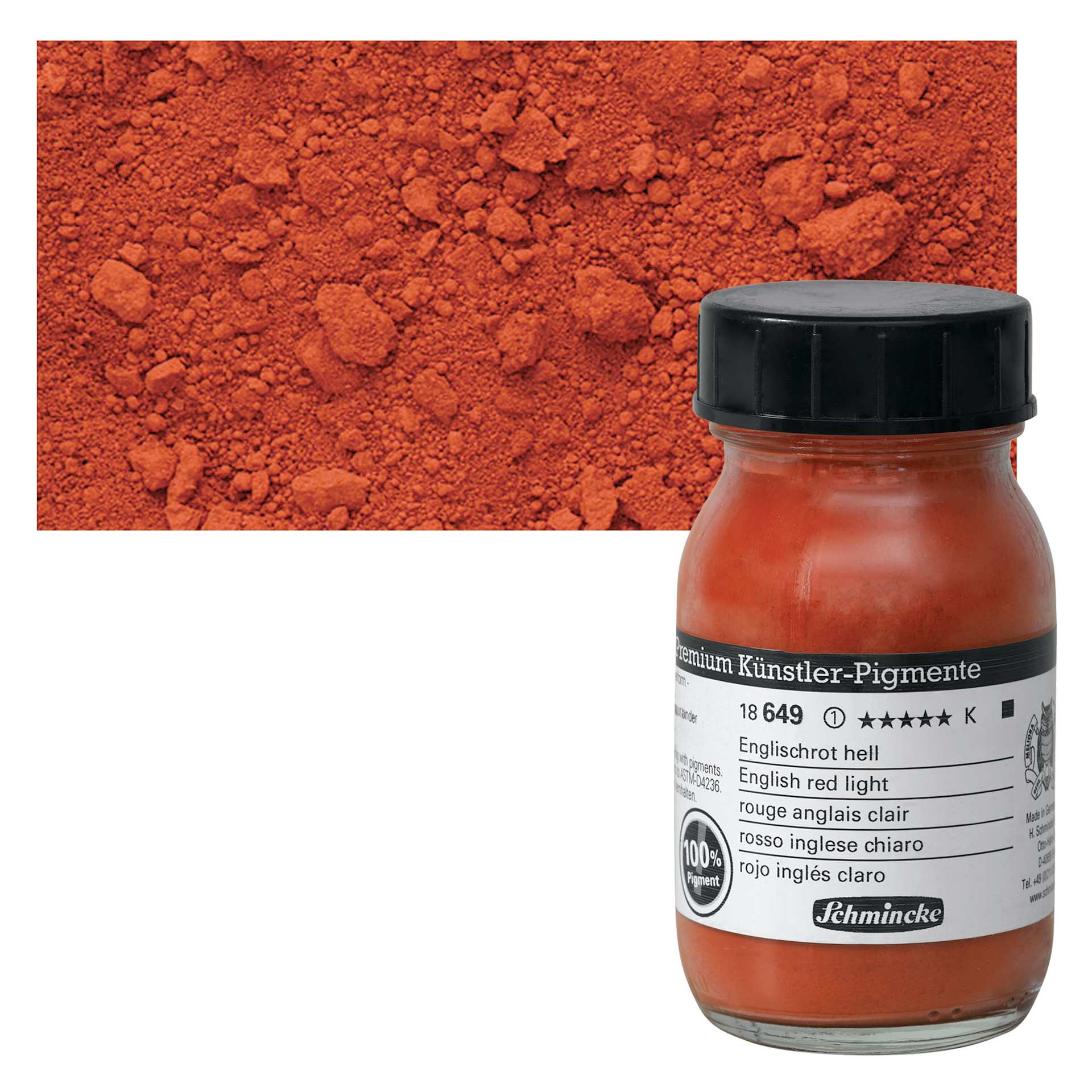 Schmincke Pigment - English Red Light, 100 ml Jar and swatch
