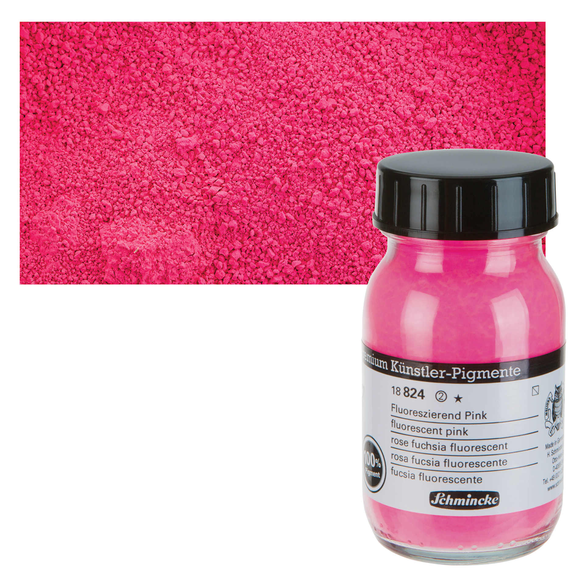 Schmincke Pigment - Fluorescent Pink, 100 ml Jar and swatch