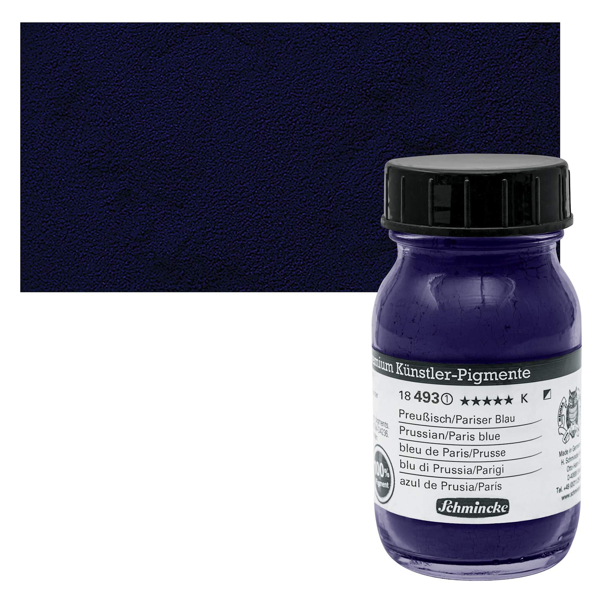 Schmincke Pigment - Prussian/Paris Blue, 100 ml Jar and swatch
