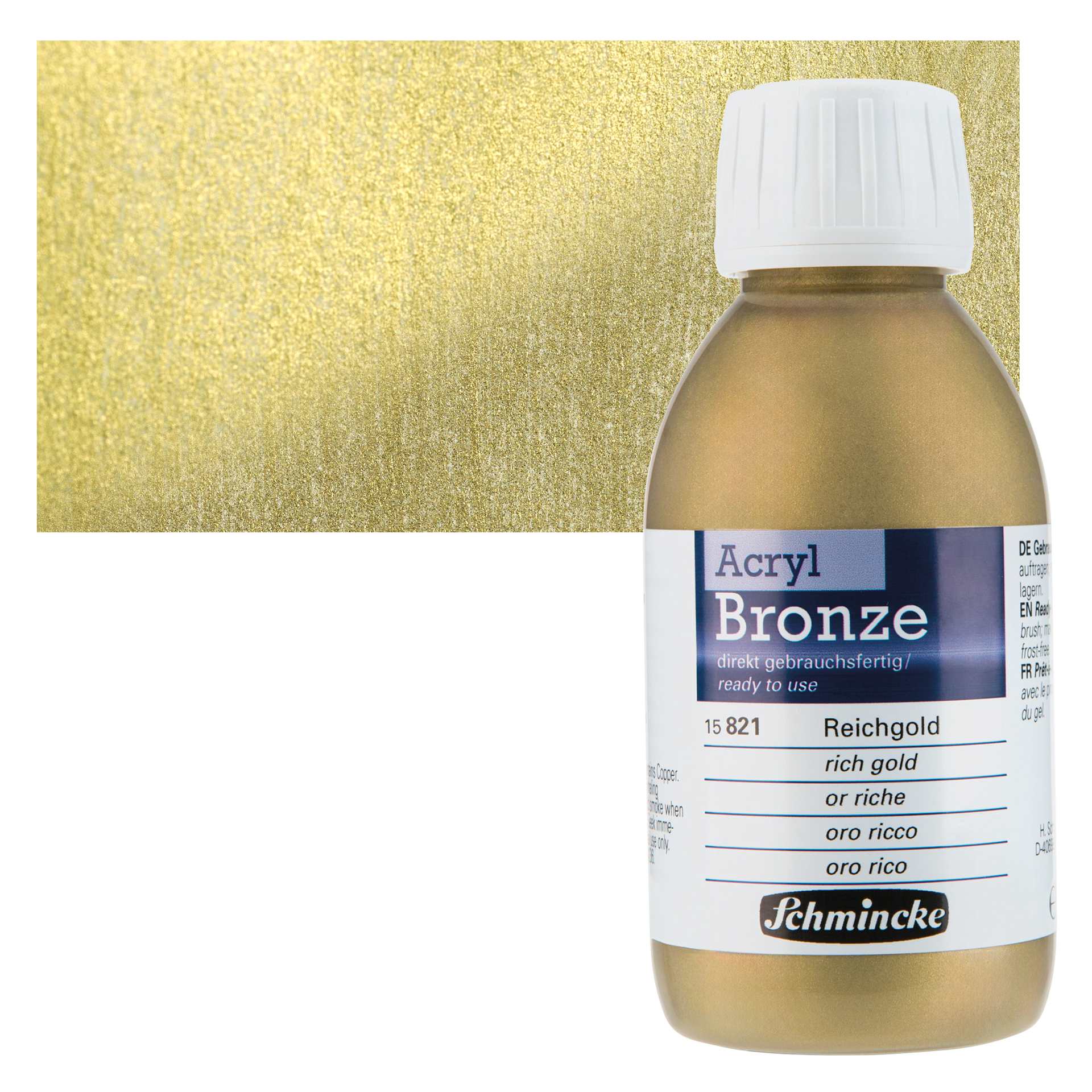 Schmincke Acrylic Bronze Paint - Rich Gold, 150 ml bottle and swatch