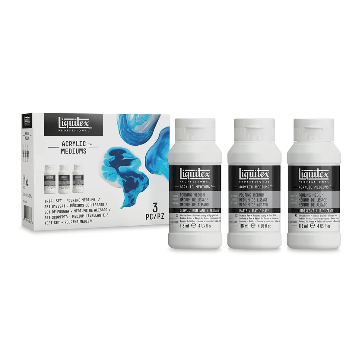 Liquitex Effects Pouring Medium - Trial Set of 3, Bottles (Shown in and out of packaging) Liquitex Effects Pouring Medium - Trial Set of 3, Bottles (Shown in and out of packaging)