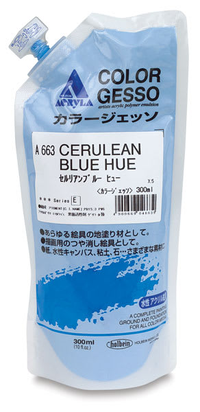 Holbein Acryla Colored Gesso - Front of Cerulean Blue Hue Poly Bag of Gesso