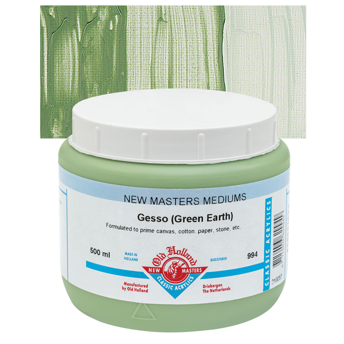 Old Holland New Masters Acrylic Gesso - Green Earth Transparent, 500 ml jar and swatch