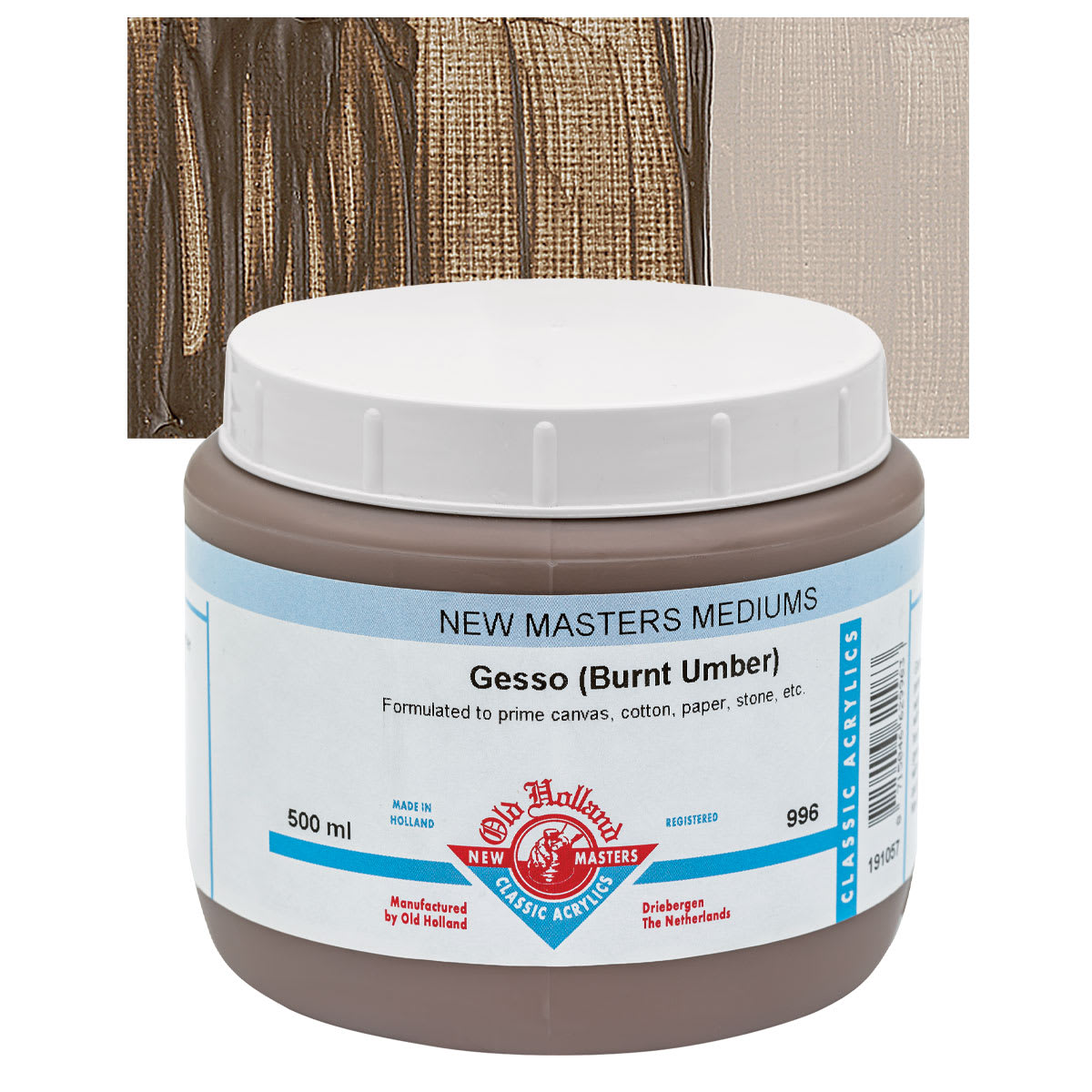 Old Holland New Masters Acrylic Gesso - Burnt Umber, 500 ml jar and swatch