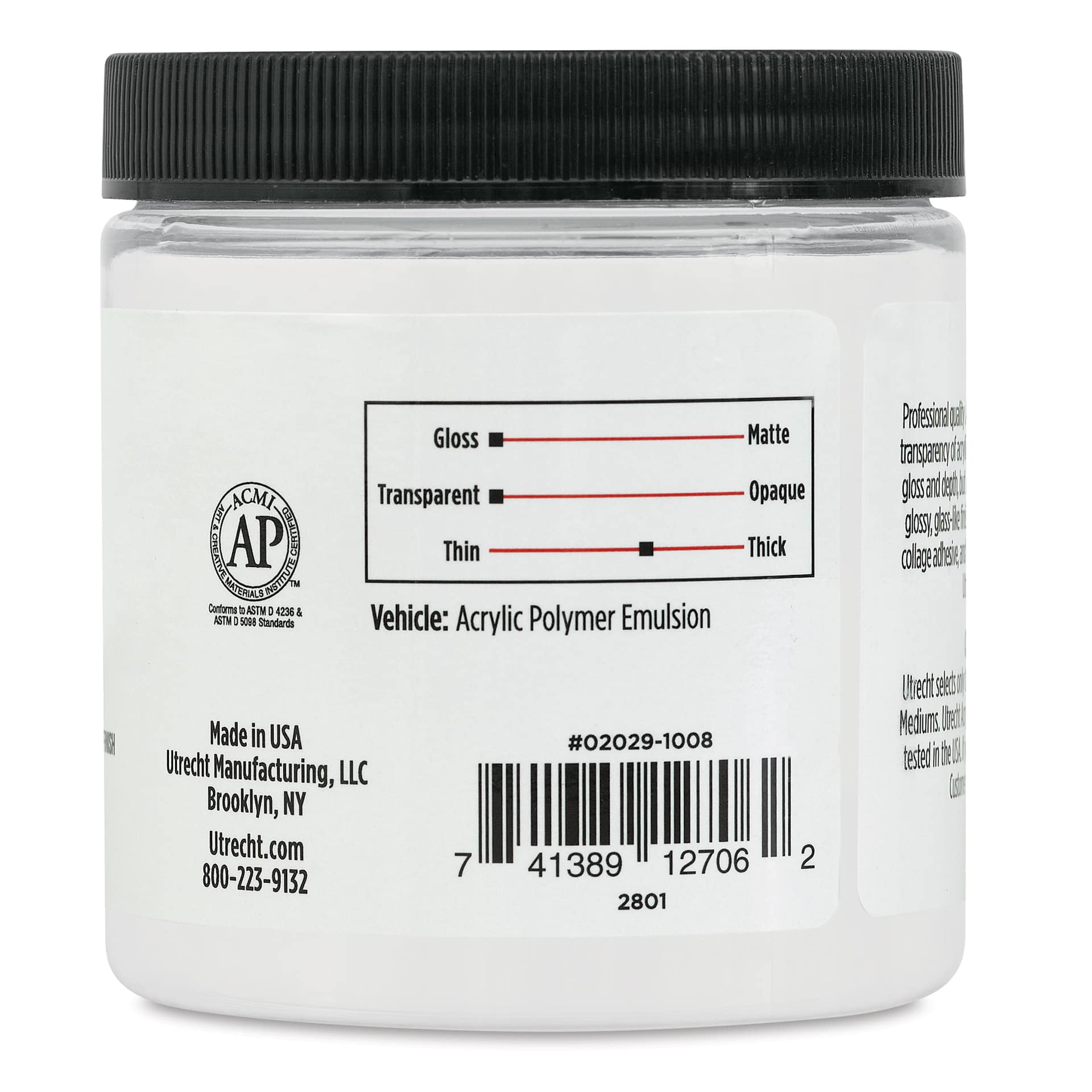 Utrecht Artists' Acrylic Gel Medium - Gloss Gel Medium, 8 oz jar back of jar