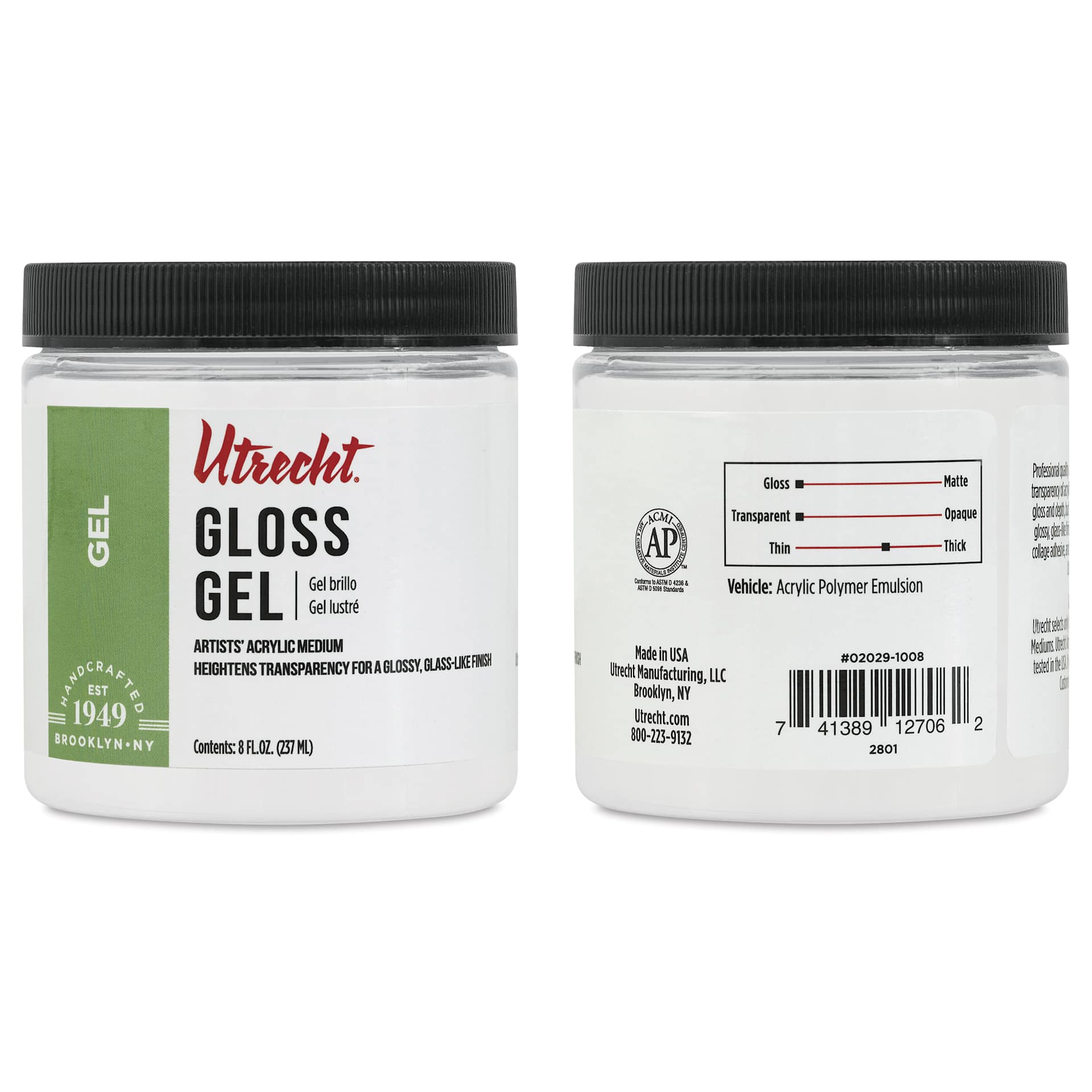 Utrecht Artists' Acrylic Gel Medium - Gloss Gel Medium, 8 oz jar, front and back Utrecht Artists' Acrylic Gel Medium - Gloss Gel Medium, 8 oz jar, front and back