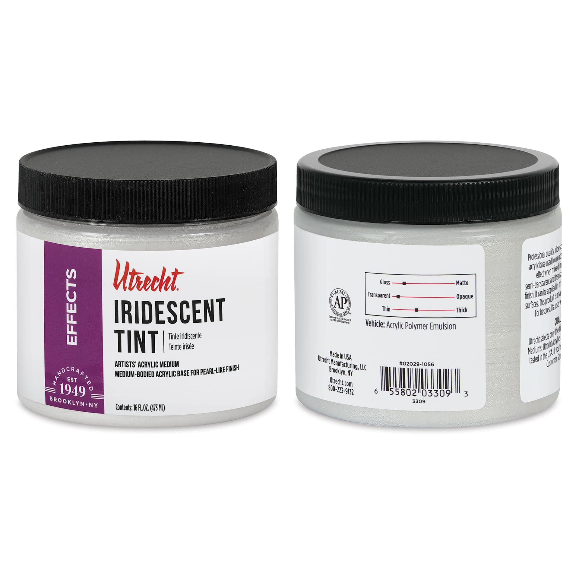 Utrecht Artists' Acrylic Iridescent Tint Medium - 16 oz, front and back of jar Utrecht Artists' Acrylic Iridescent Tint Medium - 16 oz, front and back of jar