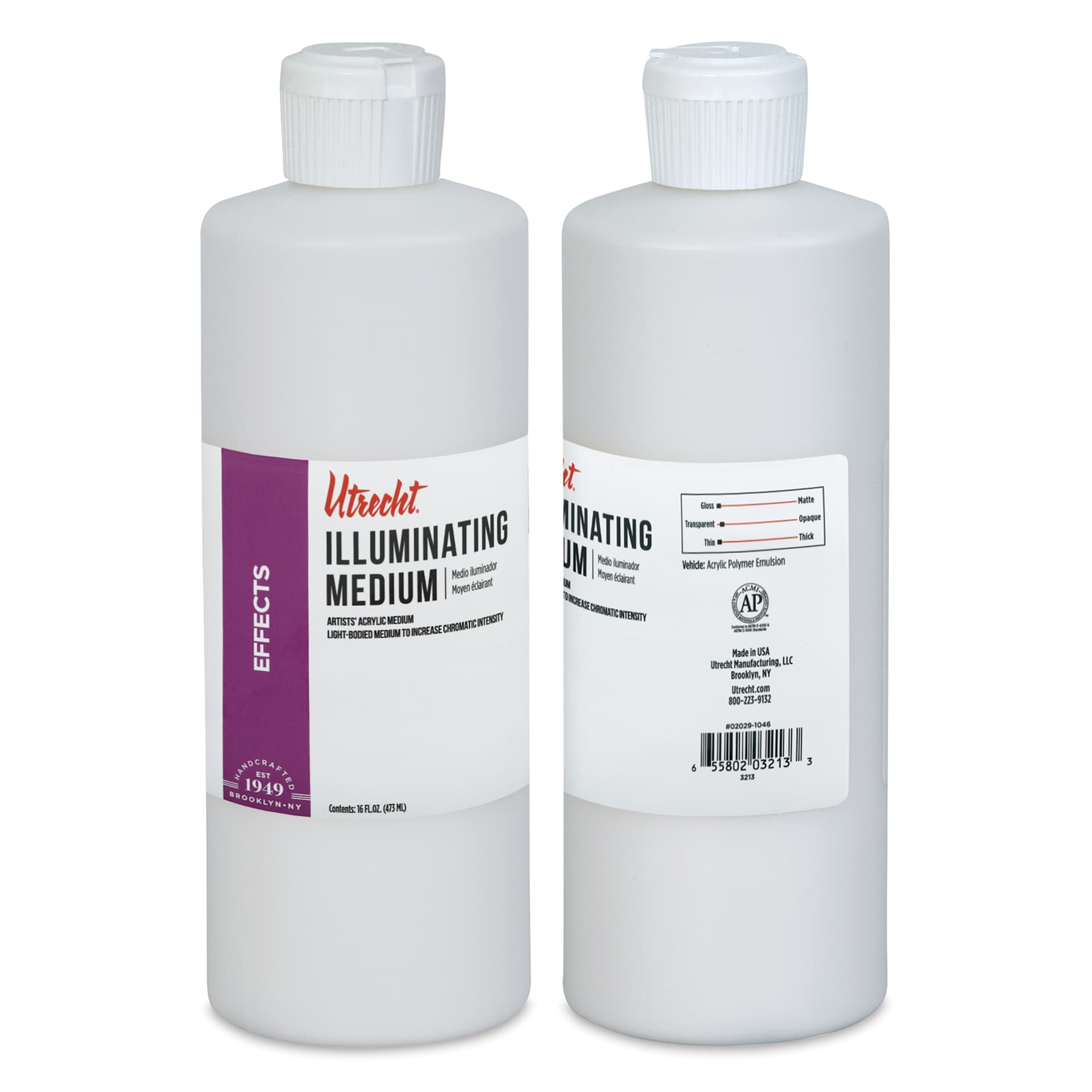 Utrecht Artists' Acrylic Illuminating Medium, front and side of bottle label Utrecht Artists' Acrylic Illuminating Medium, front and side of bottle label