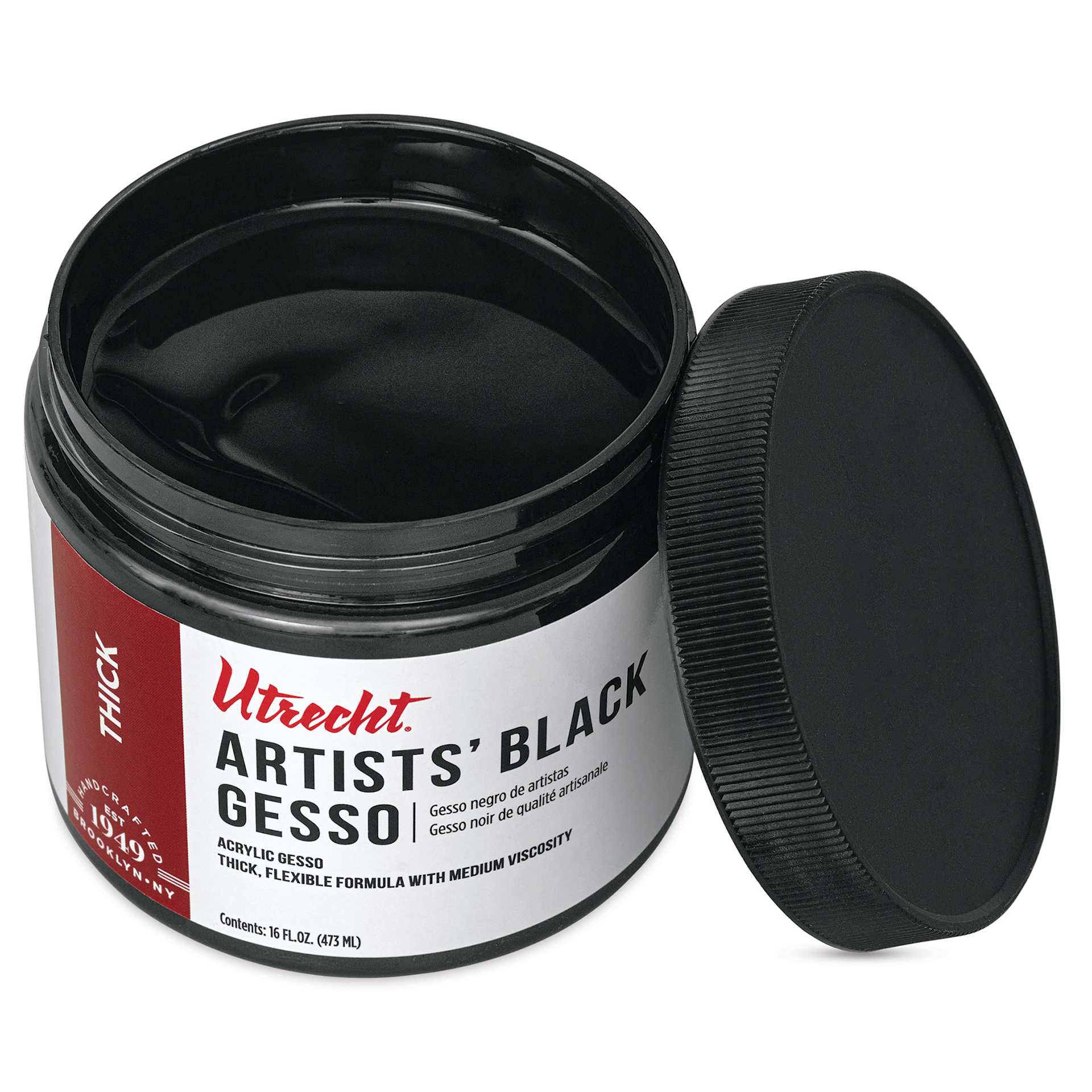 Utrecht Artists' Acrylic Gesso - Black, 16 oz open to show gesso Utrecht Artists' Acrylic Gesso - Black, 16 oz open to show gesso