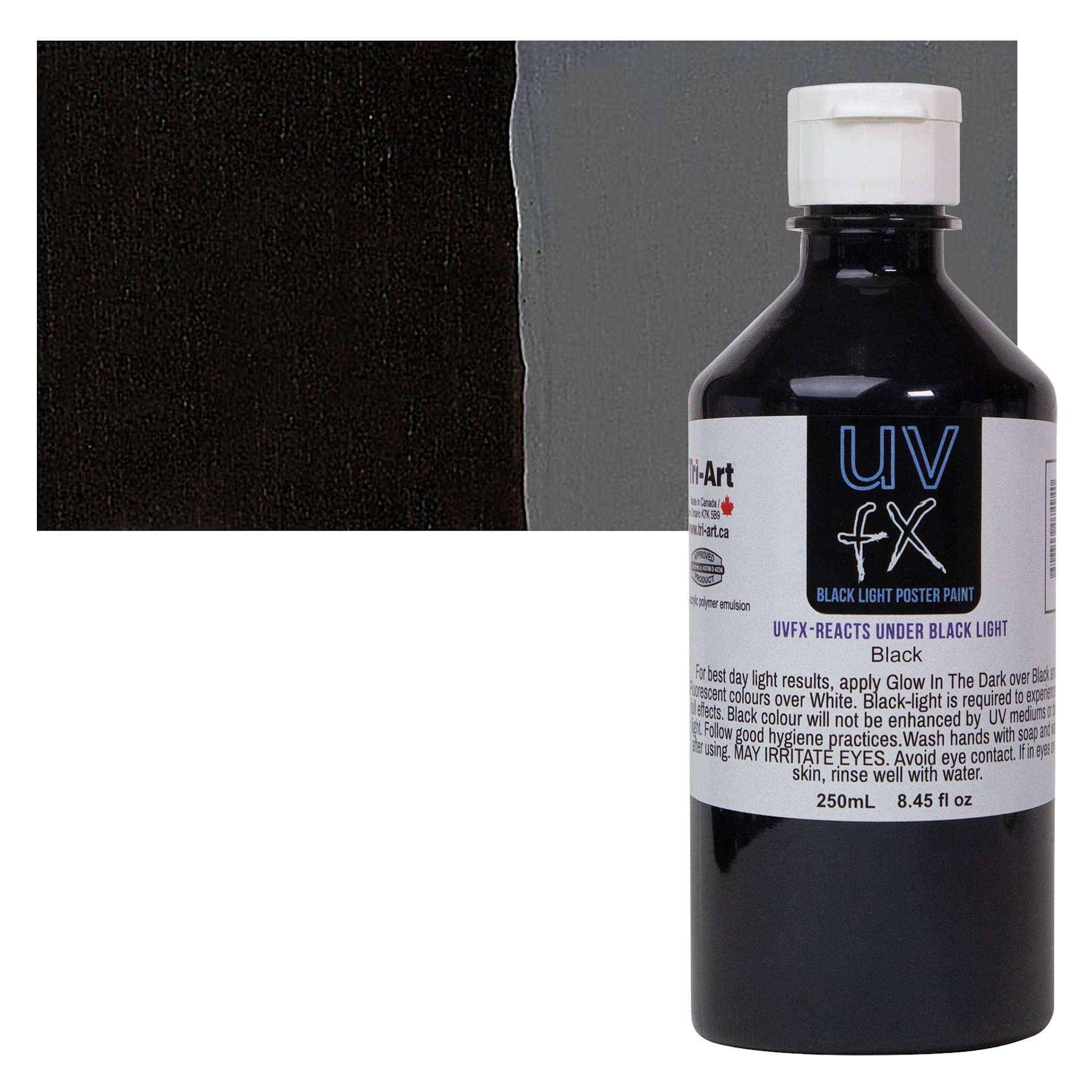 Tri-Art UVFX Black Light Poster Paint - Black, 250 ml bottle and swatch