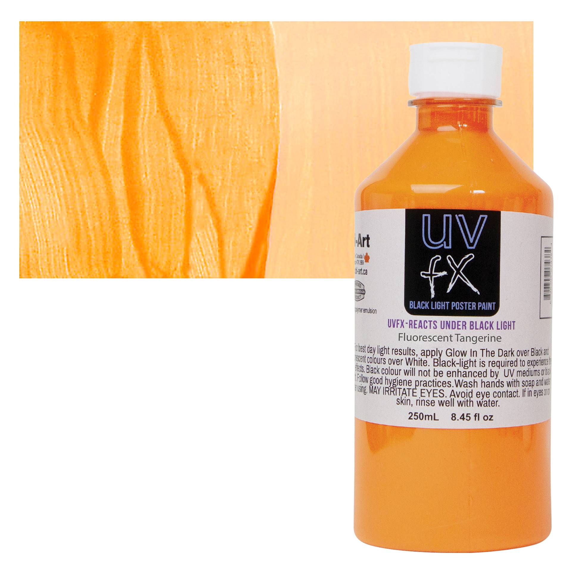 Tri-Art UVFX Black Light Poster Paint - Fluorescent Tangerine, 250 ml bottle and swatch
