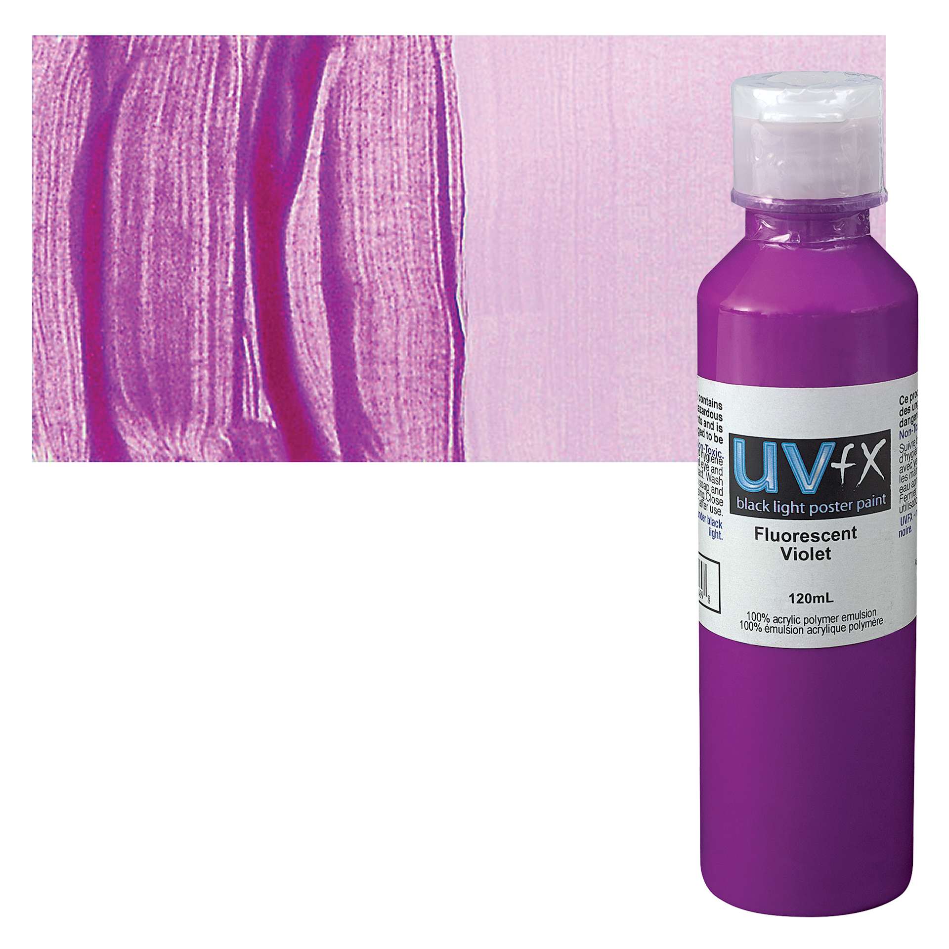 Tri-Art UVFX Black Light Poster Paint - Fluorescent Violet, 120 ml bottle and swatch