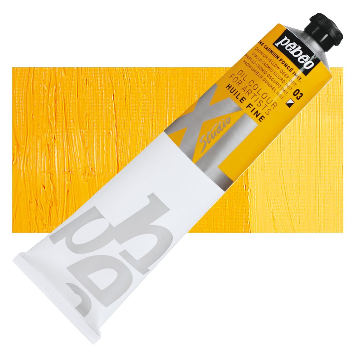 Pebeo XL Studio Oil Paint - Cadmium Yellow Deep Imitation, 200 ml Tube and swatch