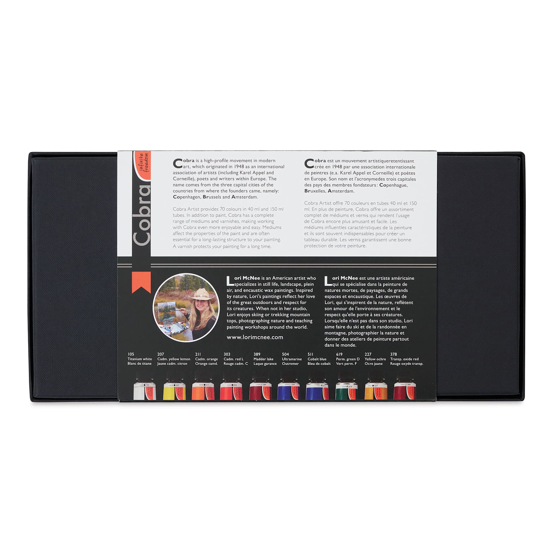 Cobra Artist Water Mixable Oil Paint - Lori McNee Special Edition Set of 10, back of package Cobra Artist Water Mixable Oil Paint - Lori McNee Special Edition Set of 10, back of package