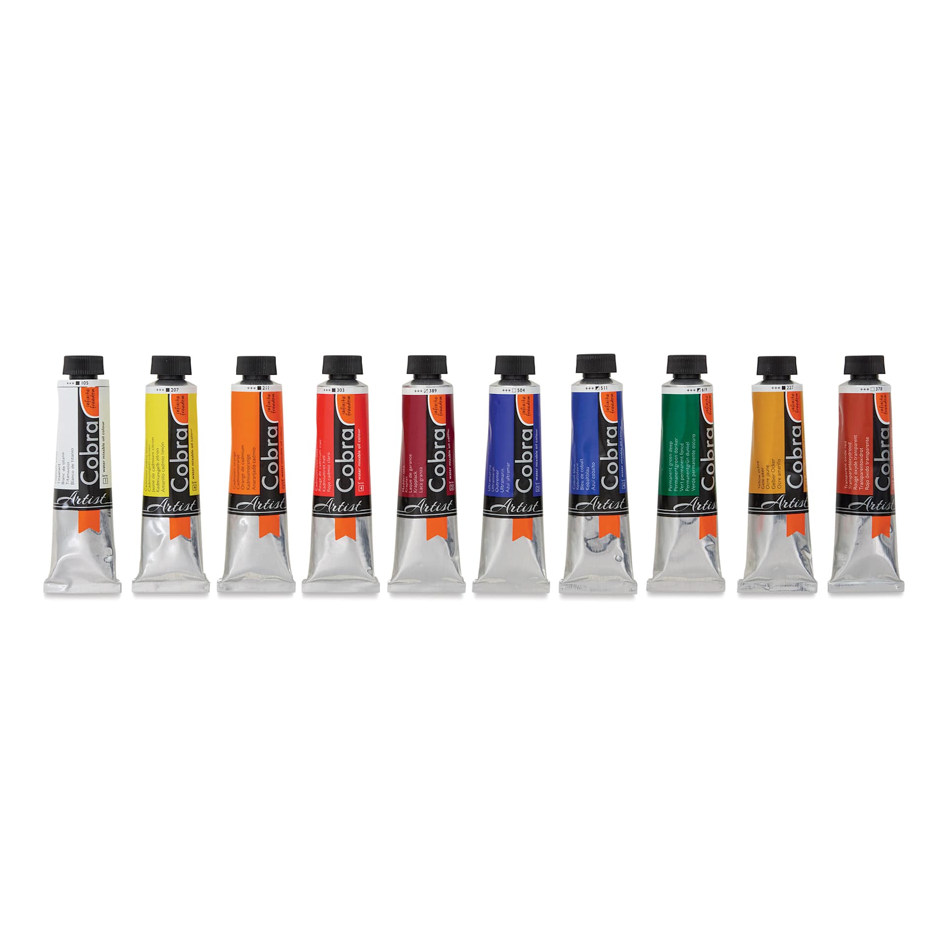 Cobra Artist Water Mixable Oil Paint - Lori McNee Special Edition Set of 10, tubes laid out Cobra Artist Water Mixable Oil Paint - Lori McNee Special Edition Set of 10, tubes laid out
