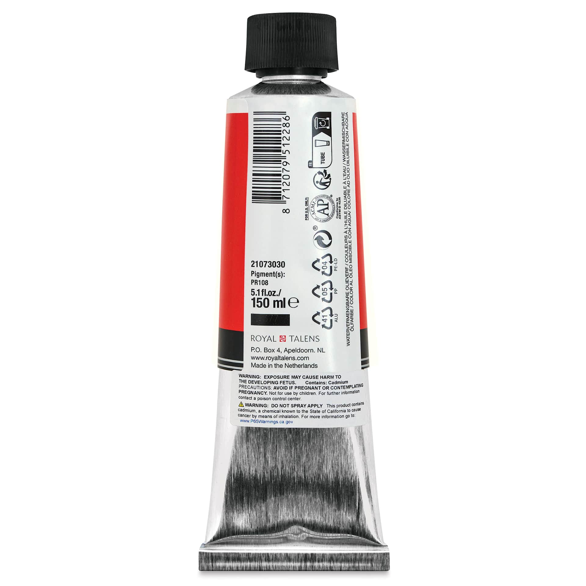 Cobra Artist Water Mixable Oil Paint - Cadmium Red Light, 150 ml tube back