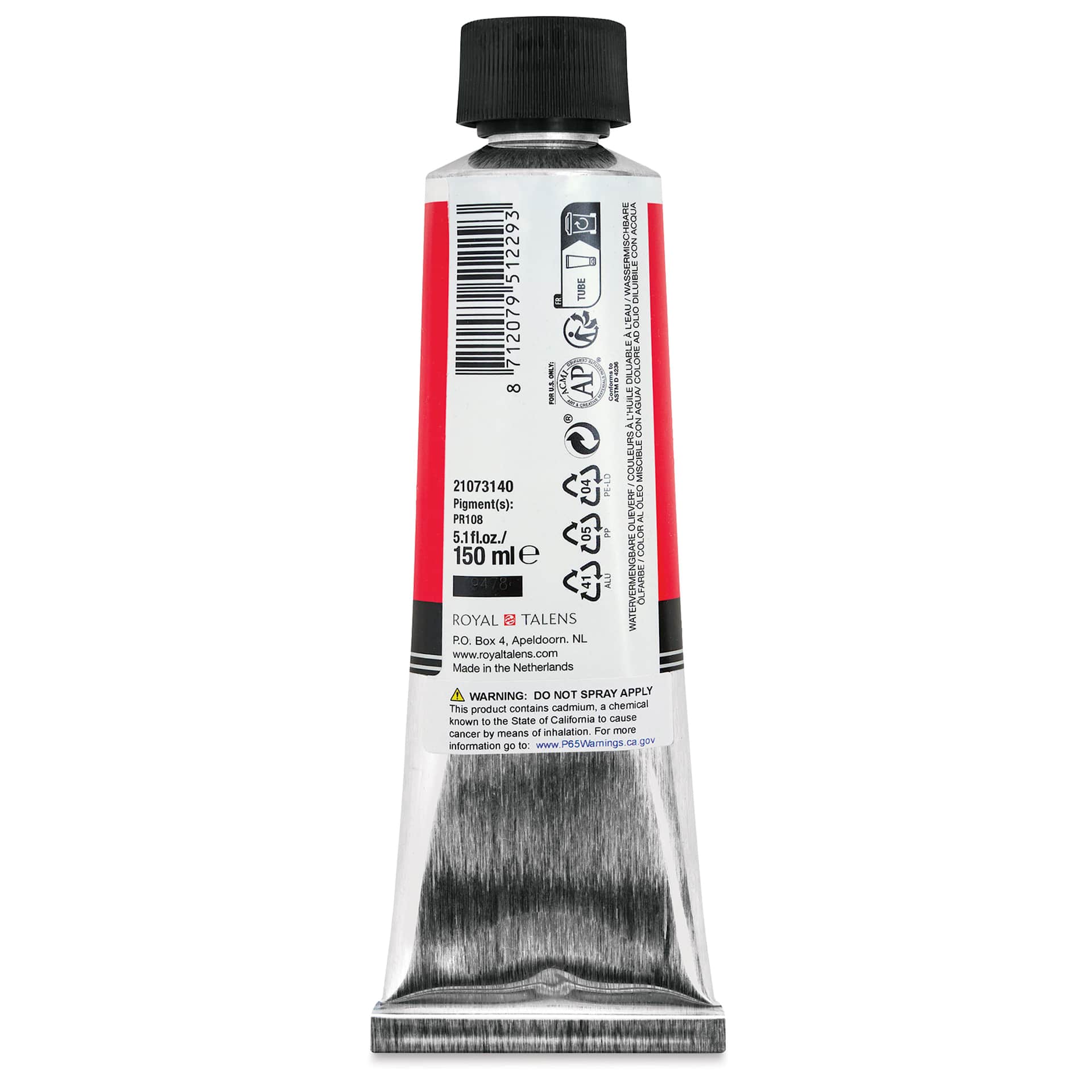 Cobra Artist Water Mixable Oil Paint - Cadmium Red Medium, 150 ml tube back