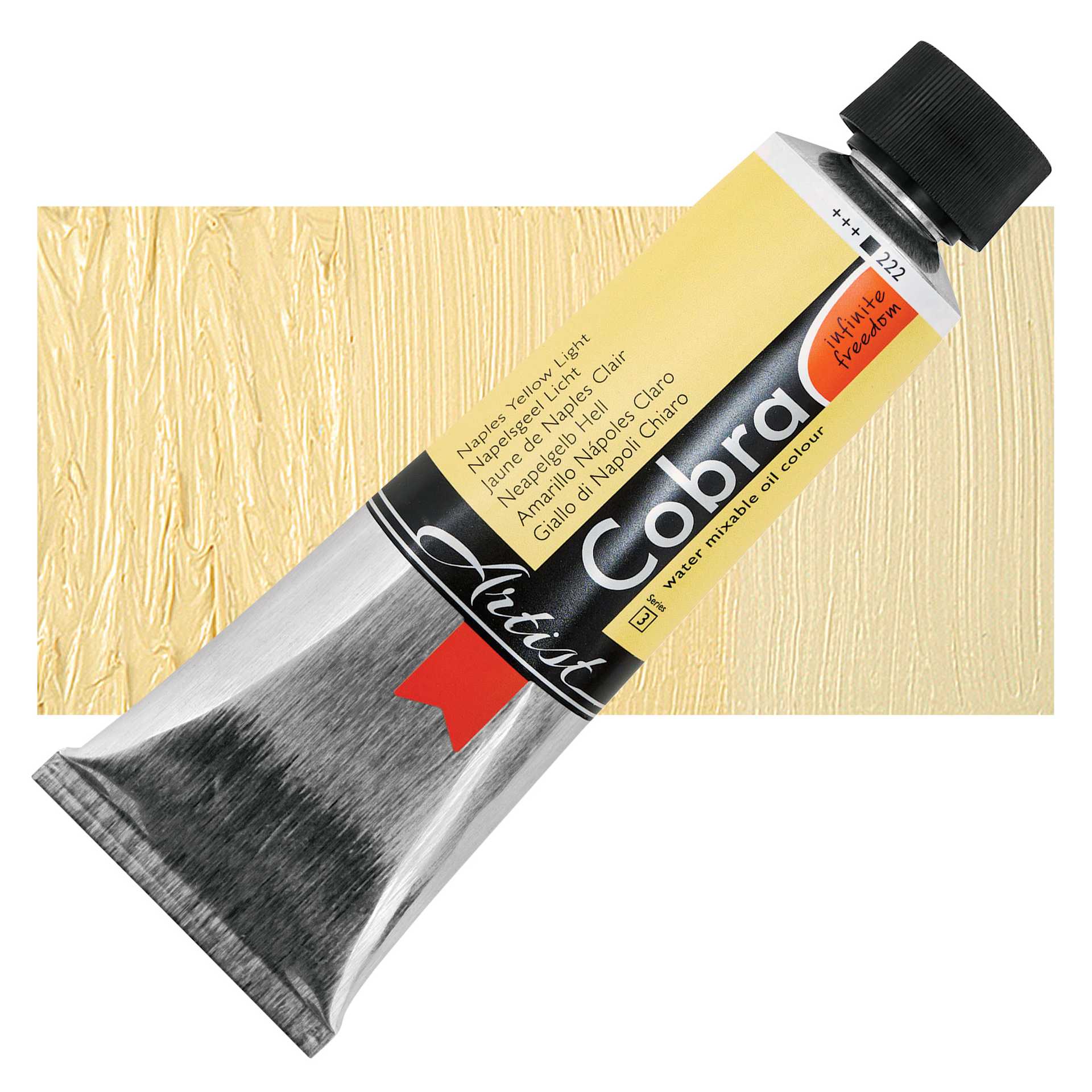 Cobra Artist Water Mixable Oil Paint - Naples Yellow Light, 150 ml tube and swatch