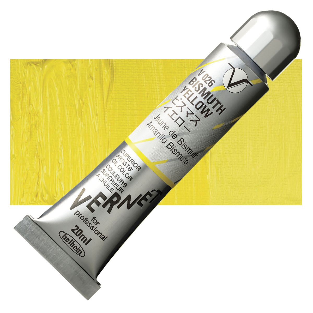 Holbein Vernét Superior Artists' Oil Paint - Bismuth Yellow, 20 ml tube and swatch