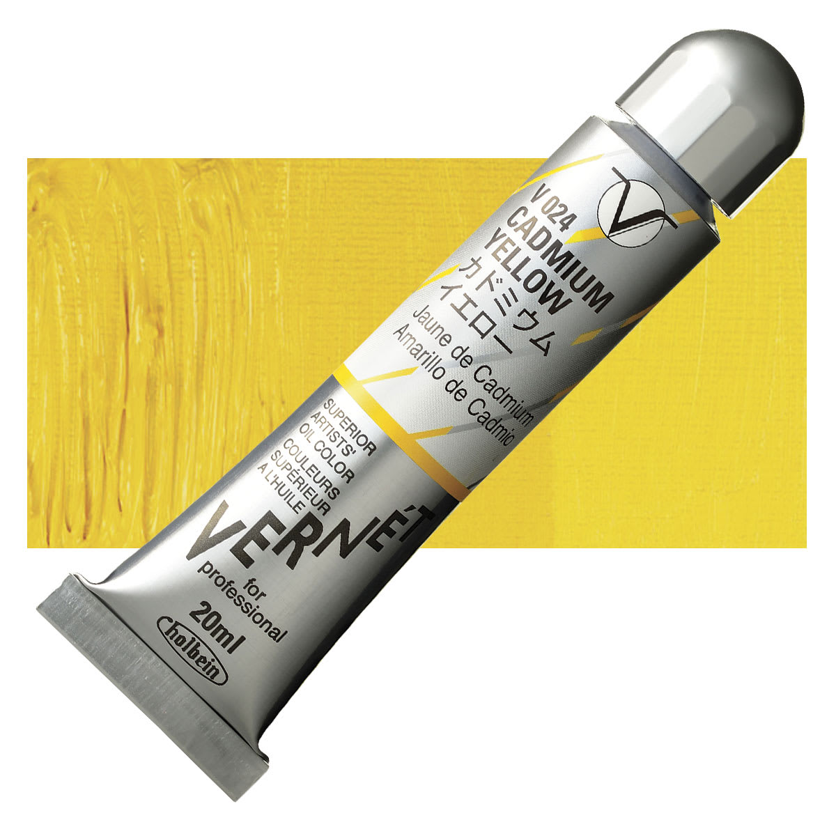 Holbein Vernét Superior Artists' Oil Paint - Cadmium Yellow, 20 ml tube and swatch