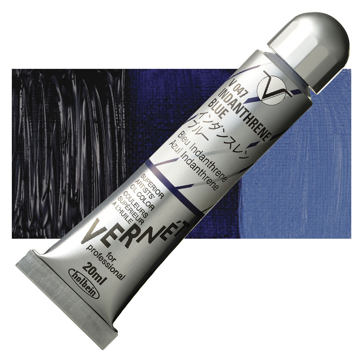 Holbein Vernét Superior Artists' Oil Paint - Indantherene Blue, 20 ml tube and swatch