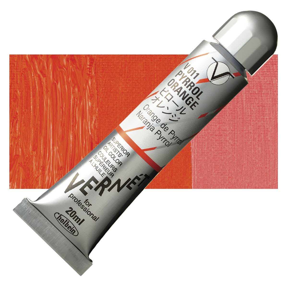Holbein Vernét Superior Artists' Oil Paint - Pyrrol Orange, 20 ml tube and swatch