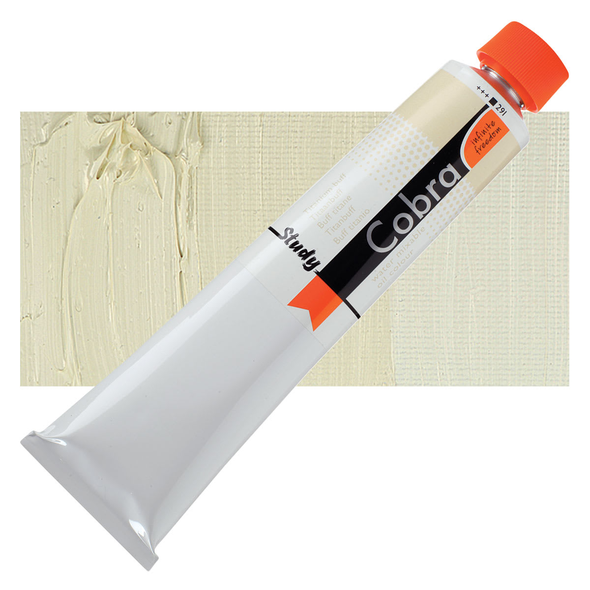 Royal Talens Cobra Study Water Mixable Oil Paint - Titanium Buff, 200 ml tube and swatch