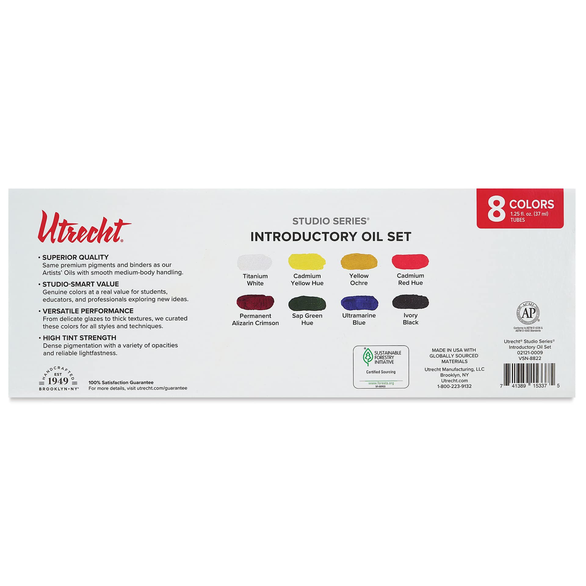 Utrecht Studio Series Oil Paints - Set of 8, Introductory Colors, 37 ml, back of packaging
