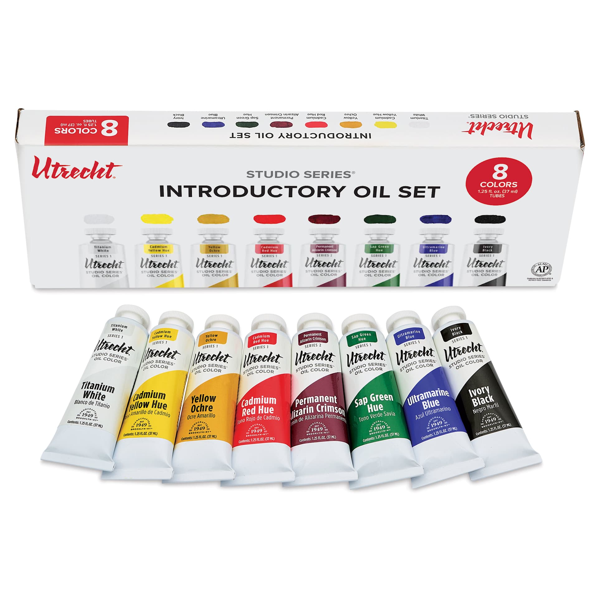 Utrecht Studio Series Oil Paints - Set of 8, Introductory Colors, 37 ml, contents and packaging