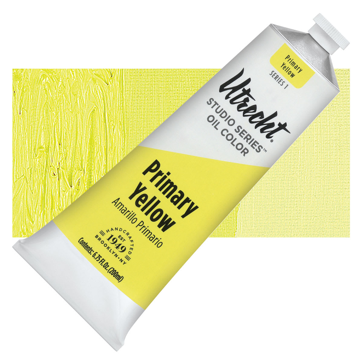 Utrecht Studio Series Oil Paint - Primary Yellow, 200 ml tube and swatch