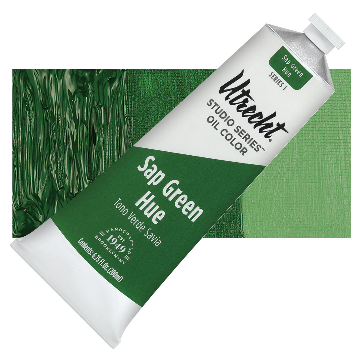 Utrecht Studio Series Oil Paint - Sap Green, 200 ml tube and swatch
