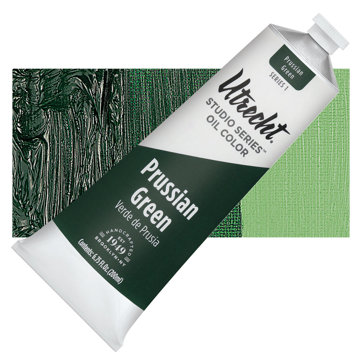Utrecht Studio Series Oil Paint - Prussian Green, 200 ml tube and swatch