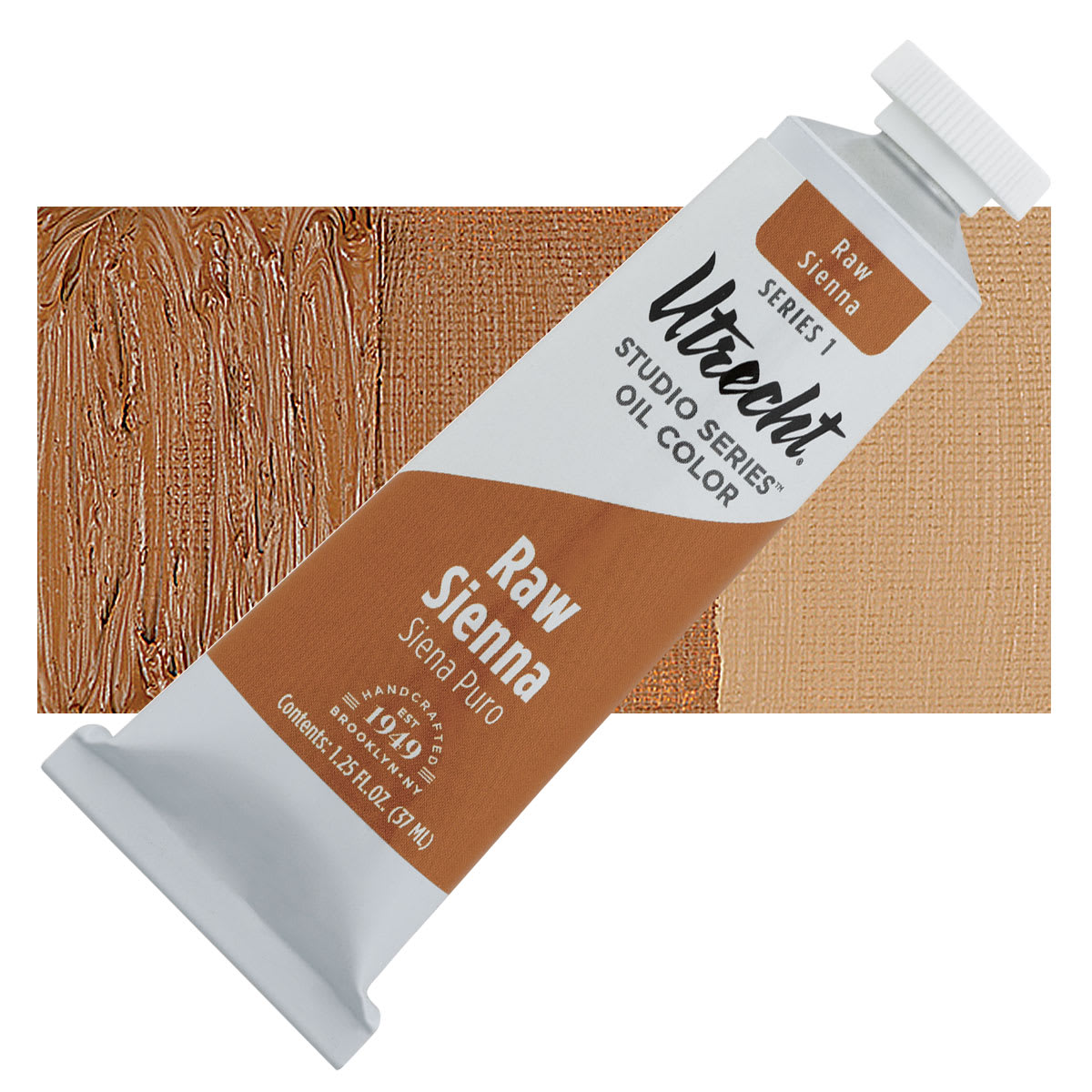 Utrecht Studio Series Oil Paint - Raw Sienna, 37 ml, Tube and swatch