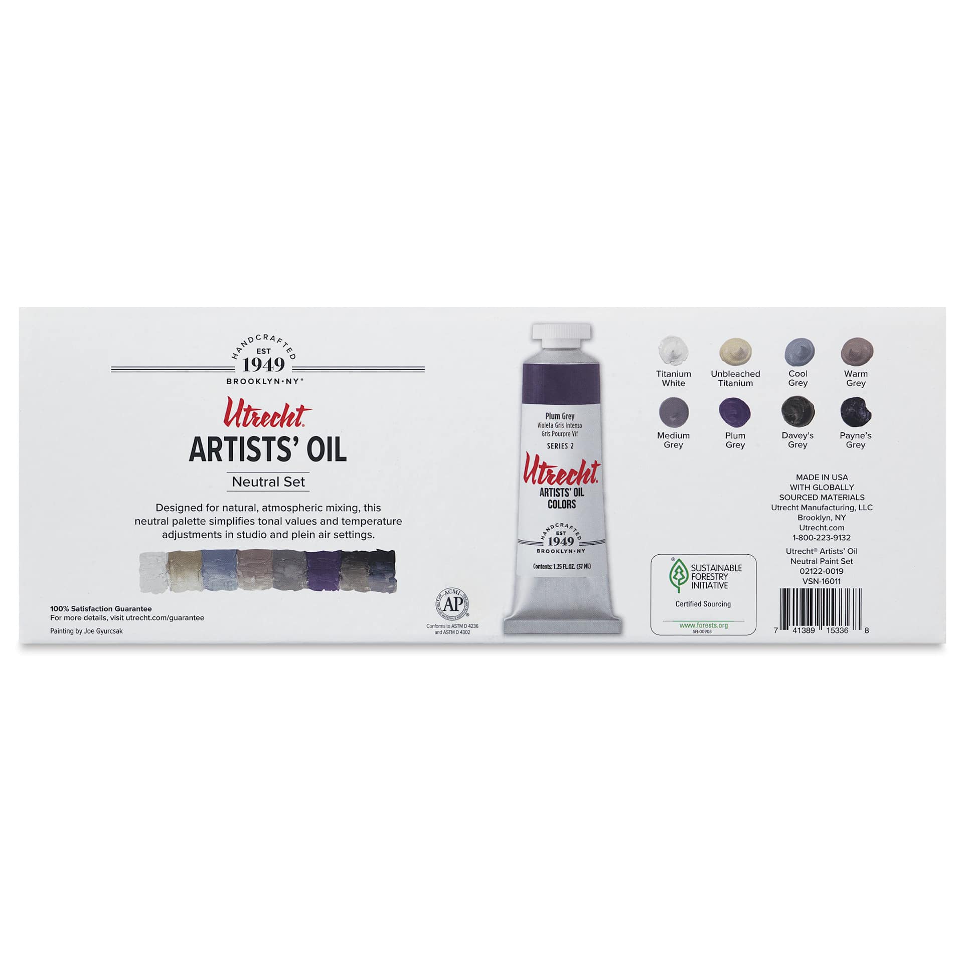 Utrecht Artists' Oil Paint - Set of 8, Neutral Colors, 37 ml back of package