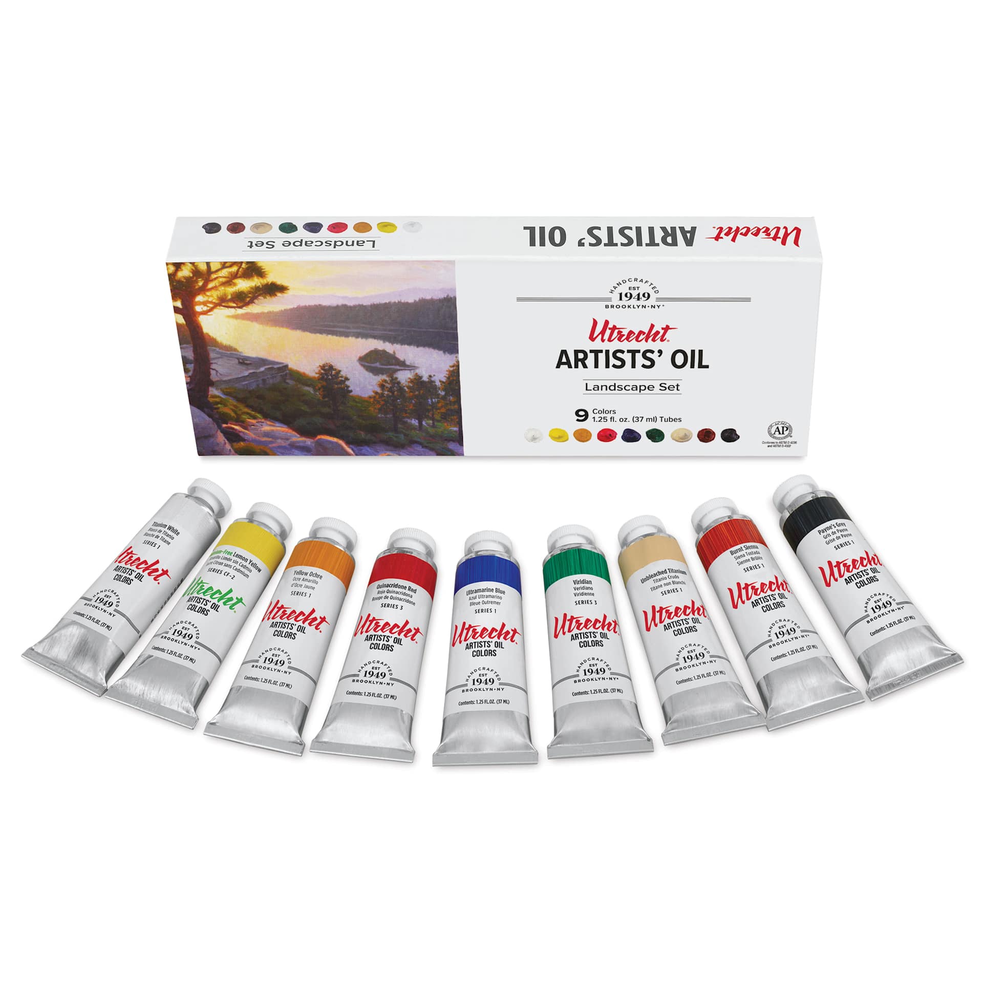 Utrecht Artists' Oil Paint - Set of 9, Landscape Colors, 37 ml, packaging and contents