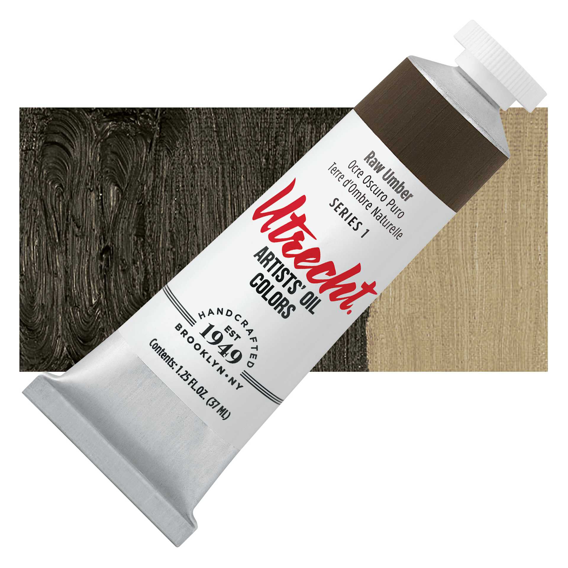 Utrecht Artists' Oil Paint - Raw Umber, 37 ml tube and swatch