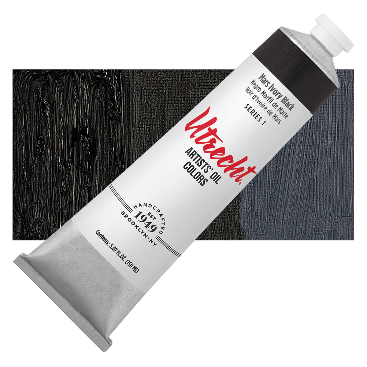 Utrecht Artists' Oil Paint - Mars Ivory Black, 150 ml tube and swatch