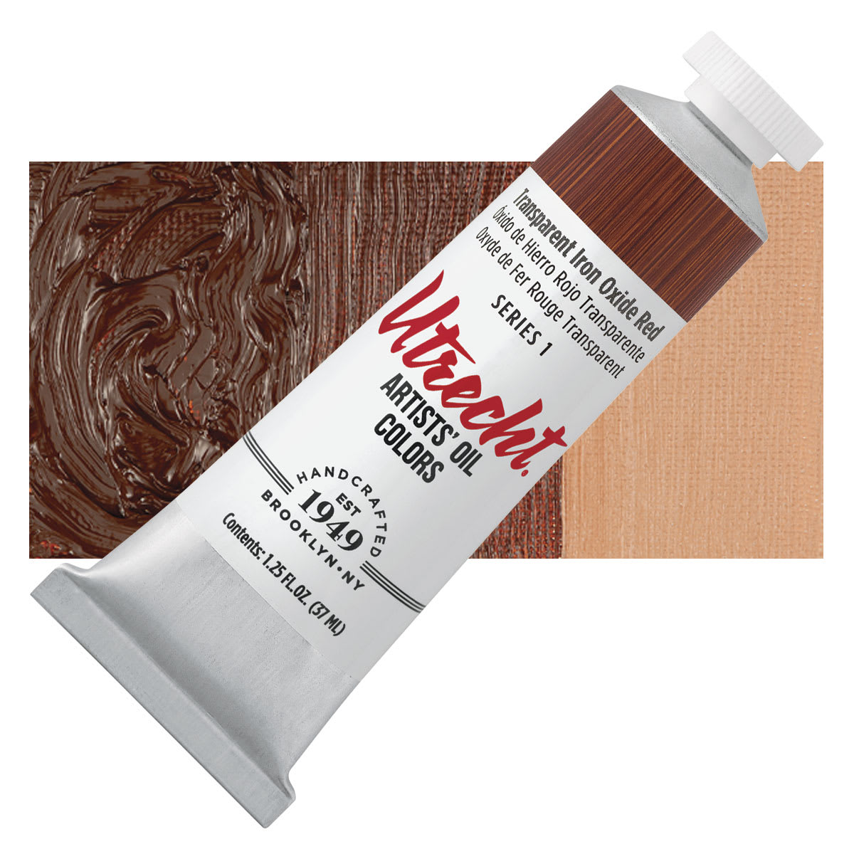 Utrecht Artists' Oil Paint - Transparent Red Oxide, 37 ml tube and swatch