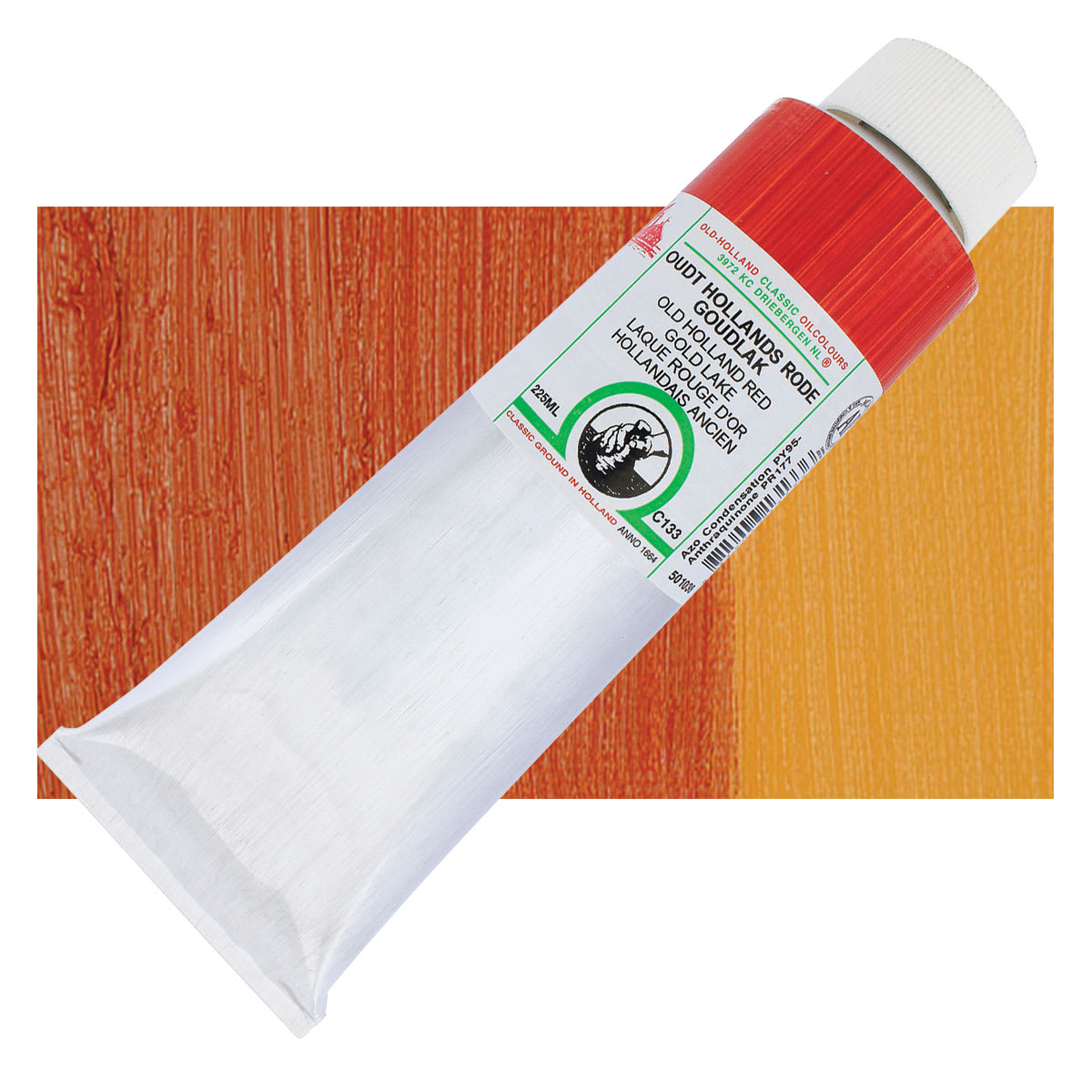 Old Holland Classic Oil Color - Old Holland Red Gold Lake, 225 ml tube and swatch