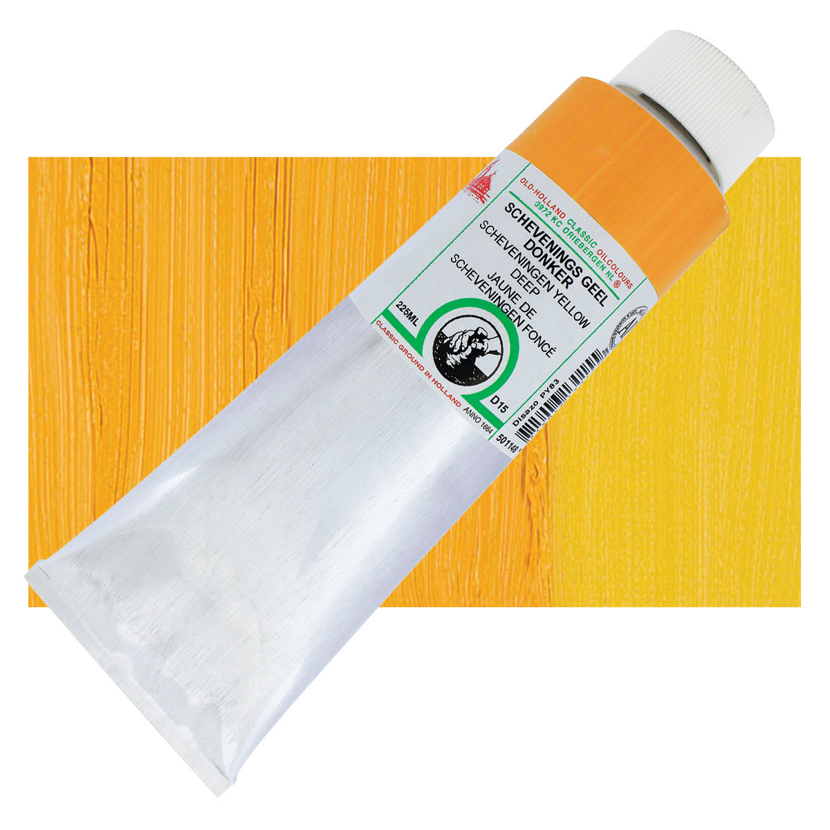 Old Holland Classic Oil Color - Scheveningen Yellow Deep, 225 ml tube and swatch