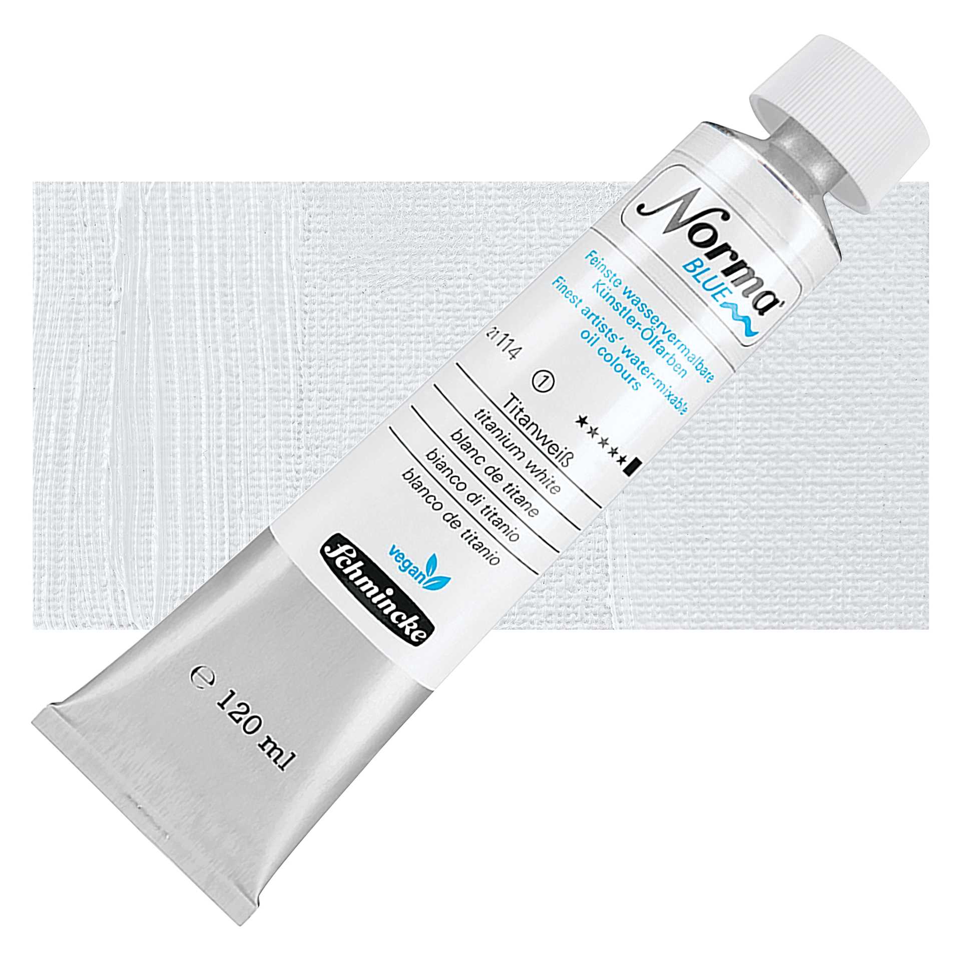 Schmincke Norma Blue Water-Mixable Oil Paint - Titanium White, 120 ml tube and swatch